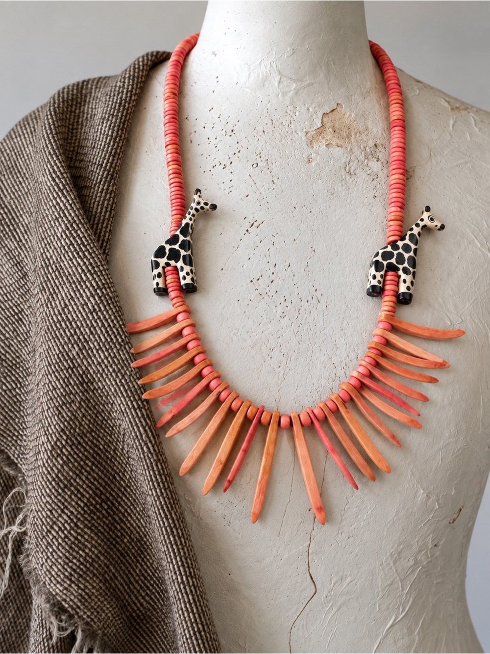 Giraffe Long Statement Necklace & Earrings Set Coral Wood Beaded Safari Global